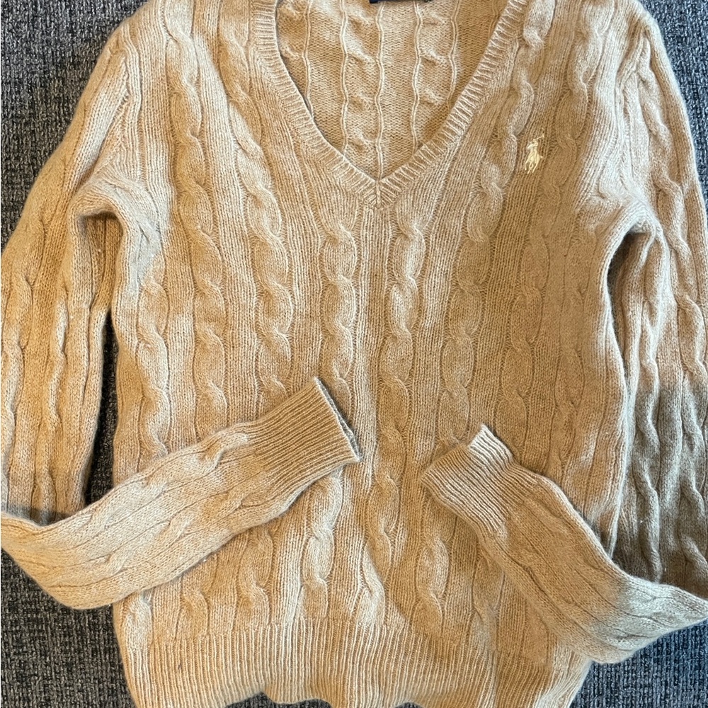 Ralph Lauren Women's V-Neck Cable Knit Sweater - Beige